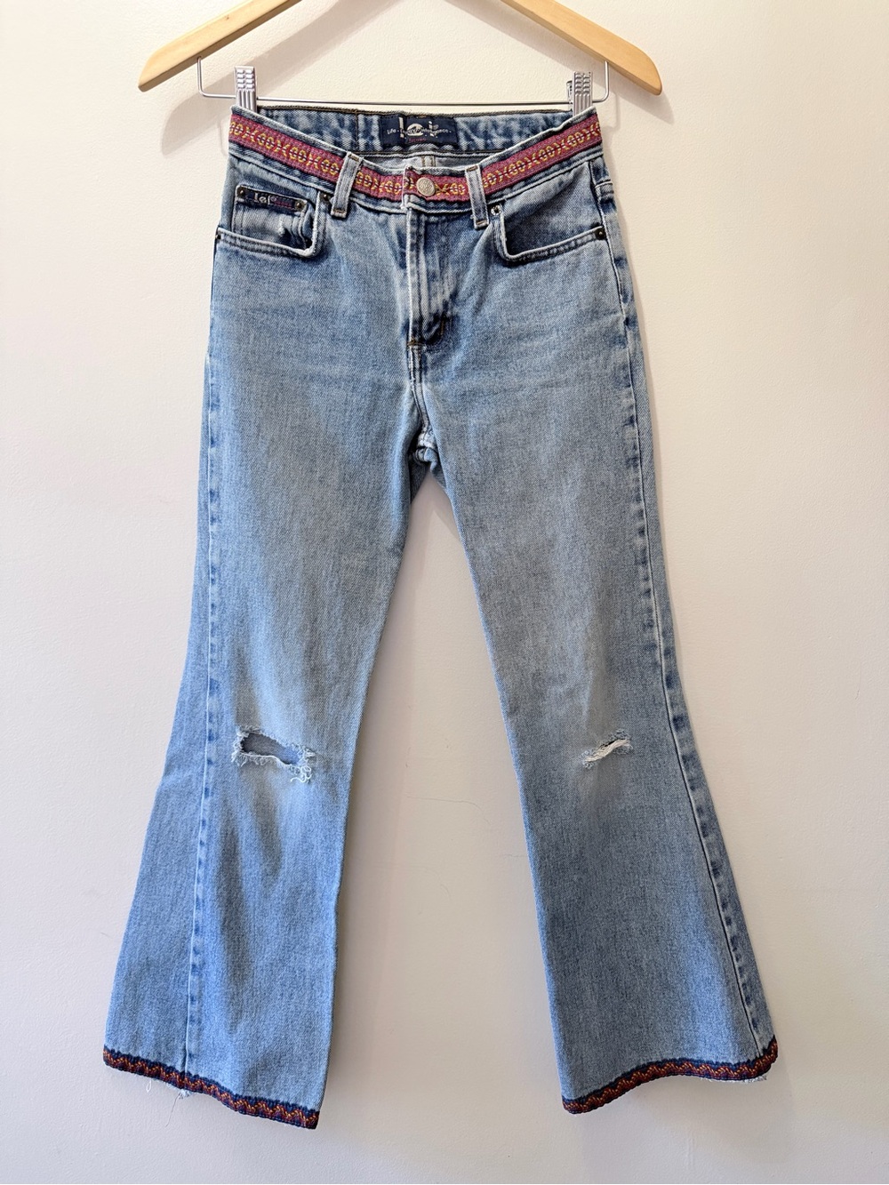 Vintage L.e.i Bell Bottom Flare Jeans Aztec Ribbon Hem Distressed Girls 12 24”